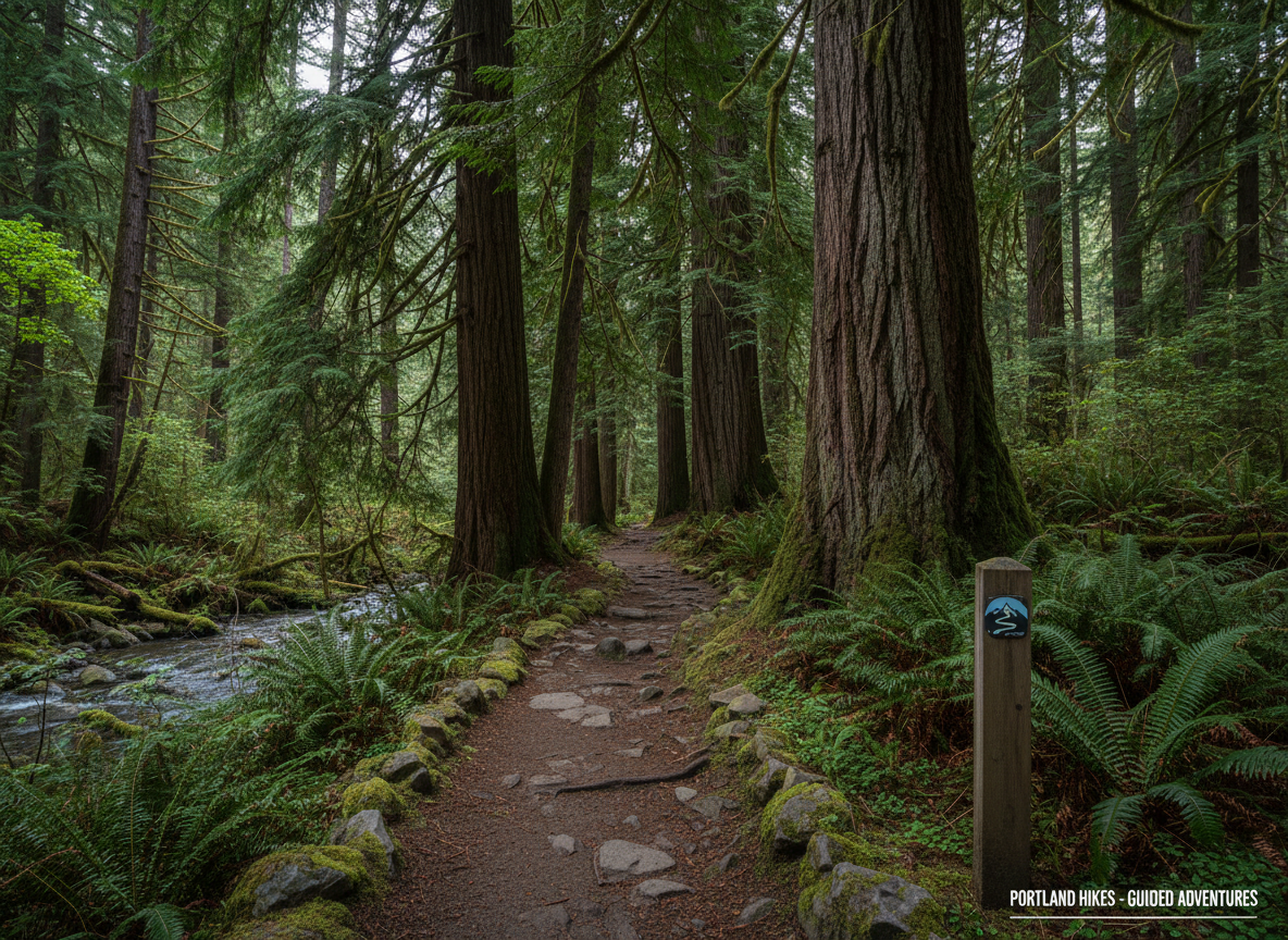 A narrow forest trail in the Pacific Northwest, lined with moss-covered stones and ferns in varied shades of deep green, winds gently into the distance. Towering Douglas firs and cedars frame the path, their textured bark rich with detail. Soft, diffused overcast light filters through the dense canopy, creating even illumination with subtle, calm shadows. A small wooden trail marker with a simple logo stands at the edge of the path, symbolizing guided hikes. Photographic realism, captured at eye level using the rule of thirds, with the path leading the viewer’s eye forward. The mood is serene, professional, and inviting, suggesting a safe, well-organized nature experience in Portland forests.
