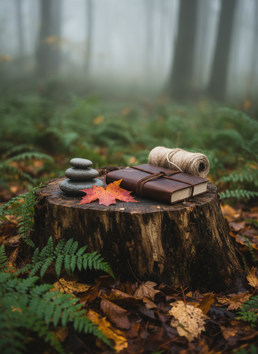 An intimate forest scene designed to represent mindful, nature-based healing: a smooth, weathered tree stump serves as a natural altar, topped with a carefully arranged collection of objects—a small river rock stack, a single vibrant maple leaf, a closed leather-bound journal, and a neatly coiled piece of natural twine. The surrounding ground is blanketed with ferns and damp leaf litter, rich with texture. Soft, misty ambient light creates a gentle, diffused glow with almost no harsh shadows, capturing subtle moisture on wood and leaves. Photographic realism, close-up composition with shallow depth of field, background forest softly blurred into shades of green and brown. The mood is contemplative, grounded, and quietly spiritual, aligning with professional, nature-based healing offerings.