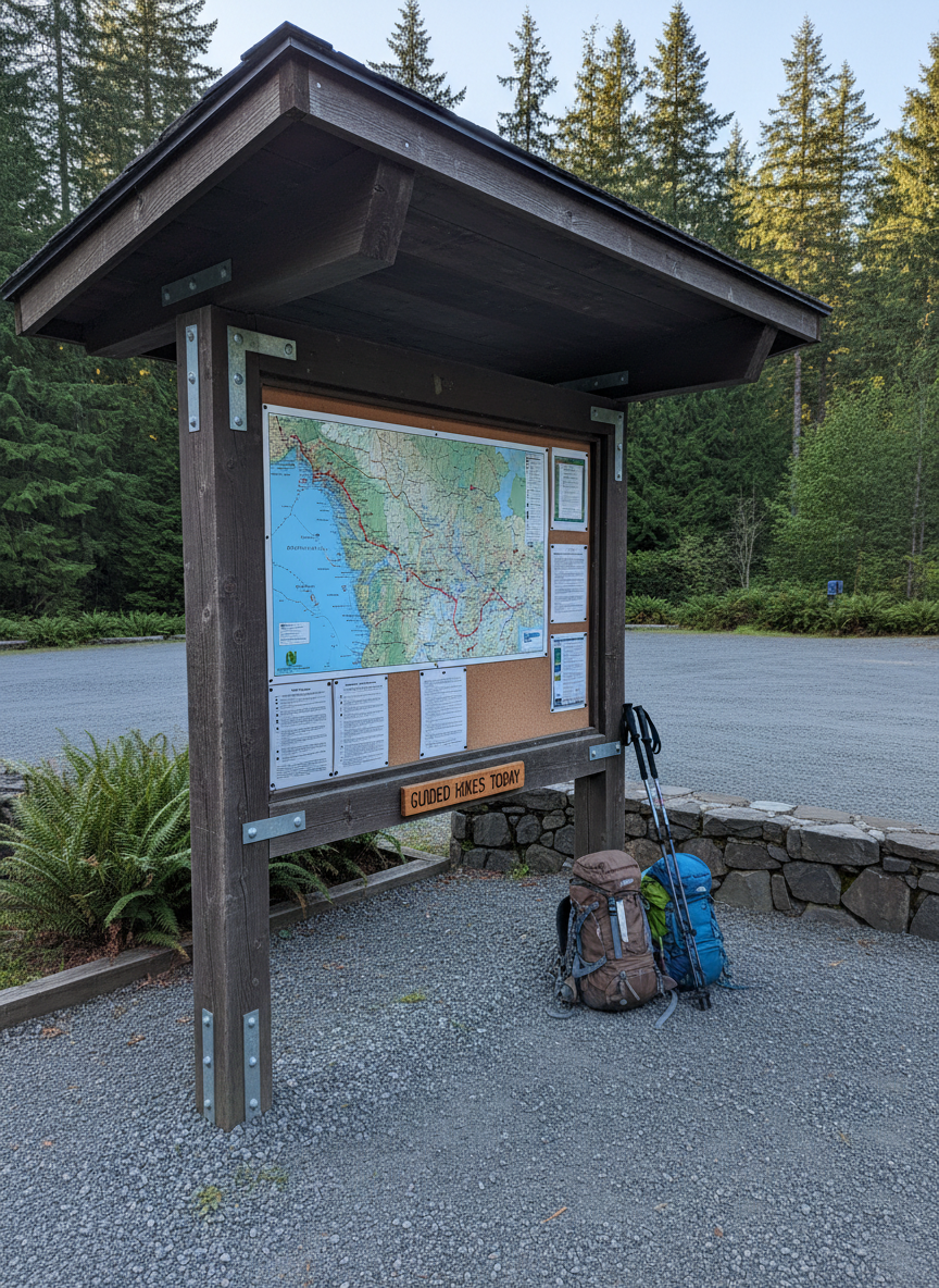 A clean, well-organized trailhead scene featuring a large wooden information kiosk with a detailed topographic map, weatherproof laminated route descriptions, and a small sign reading “Guided Hikes Today.” The kiosk’s natural wood grain and metal fixtures show subtle wear that suggests reliability and frequent use. A gravel parking area and neatly lined backpack and trekking poles rest nearby, all without human presence. Soft morning light with a cool tone creates crisp, accurate colors and gentle shadows beneath the kiosk roof. Photographic realism from a slightly elevated angle, sharp focus throughout. The atmosphere is professional and trustworthy, emphasizing safety, preparation, and expert guidance for outdoor tours around Portland and beyond.