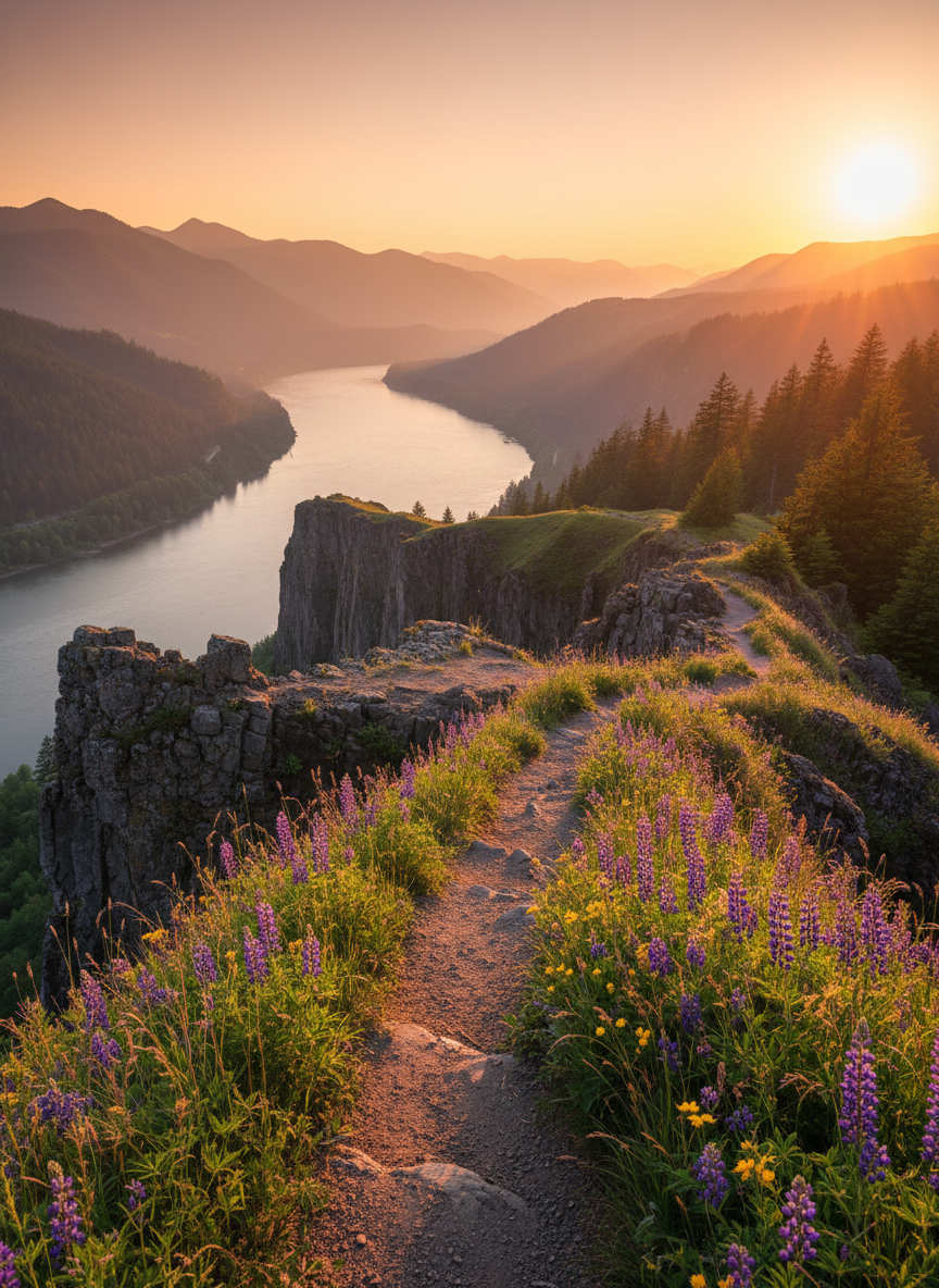 A sweeping vista from a high vantage point on a guided hike in the Columbia River Gorge: rugged basalt cliffs drop dramatically toward the wide, shimmering river below, with layers of evergreen-covered hills receding into soft atmospheric haze. In the foreground, a clearly defined, well-maintained trail curves along the ridge, edged by wild grasses and small wildflowers. Golden hour light bathes the landscape in warm tones, casting long, gentle shadows that emphasize the terrain’s texture. Photographic realism with a wide-angle lens, sharp focus across the scene, horizon placed on the upper third to emphasize the path. The atmosphere is expansive, inspiring, and professionally curated, representing the “Portland and beyond” scope of guided hikes and tours.