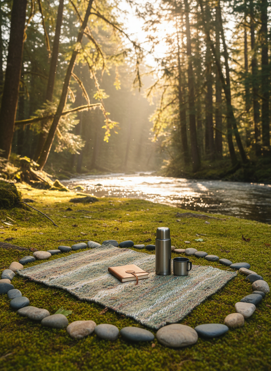 A tranquil riverside forest clearing used for nature-based healing sessions: a simple natural-fiber blanket in earthy tones spread on a soft bed of moss, surrounded by smooth river stones carefully arranged in a subtle circular pattern. A small wooden journal and a closed stainless steel thermos rest on the blanket, suggesting quiet reflection. In the background, a gently flowing river glimmers through the trees. Late afternoon light creates a warm golden glow, with dappled sunlight filtering through leaves and shimmering on the water. Photographic realism, shot from a low angle with the blanket in the foreground and river softly blurred behind. The mood is restorative, grounded, and contemplative, emphasizing nature-based healing experiences near Portland.