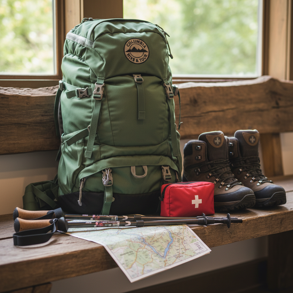 A close-up of high-quality hiking gear laid out on a textured wooden bench: a well-used but well-maintained 40L backpack in muted forest green, a pair of sturdy waterproof hiking boots with clean tread, carbon fiber trekking poles, a folded topographic map of the Columbia River Gorge, and a small first aid kit with a clear red cross symbol. Natural window light from the left casts gentle highlights on zippers, buckles, and fabric weaves, with soft shadows defining each item. Photographic realism with shallow depth of field, focusing on the map and pack logo, background softly blurred. The scene feels organized, competent, and reassuring, communicating professional guided tours and strong attention to safety and preparation.